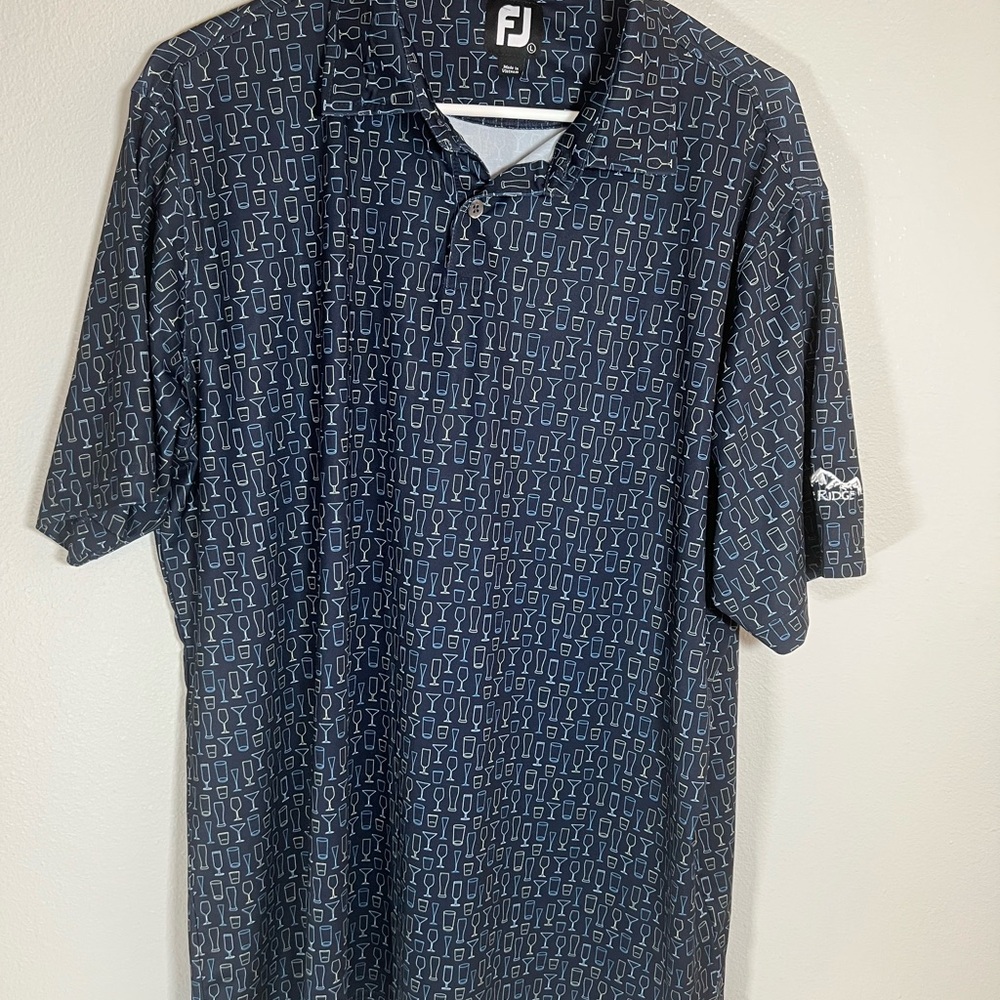FootJoy Men's Navy Golf Shirt cocktail print size L‎ Ridge embroidery